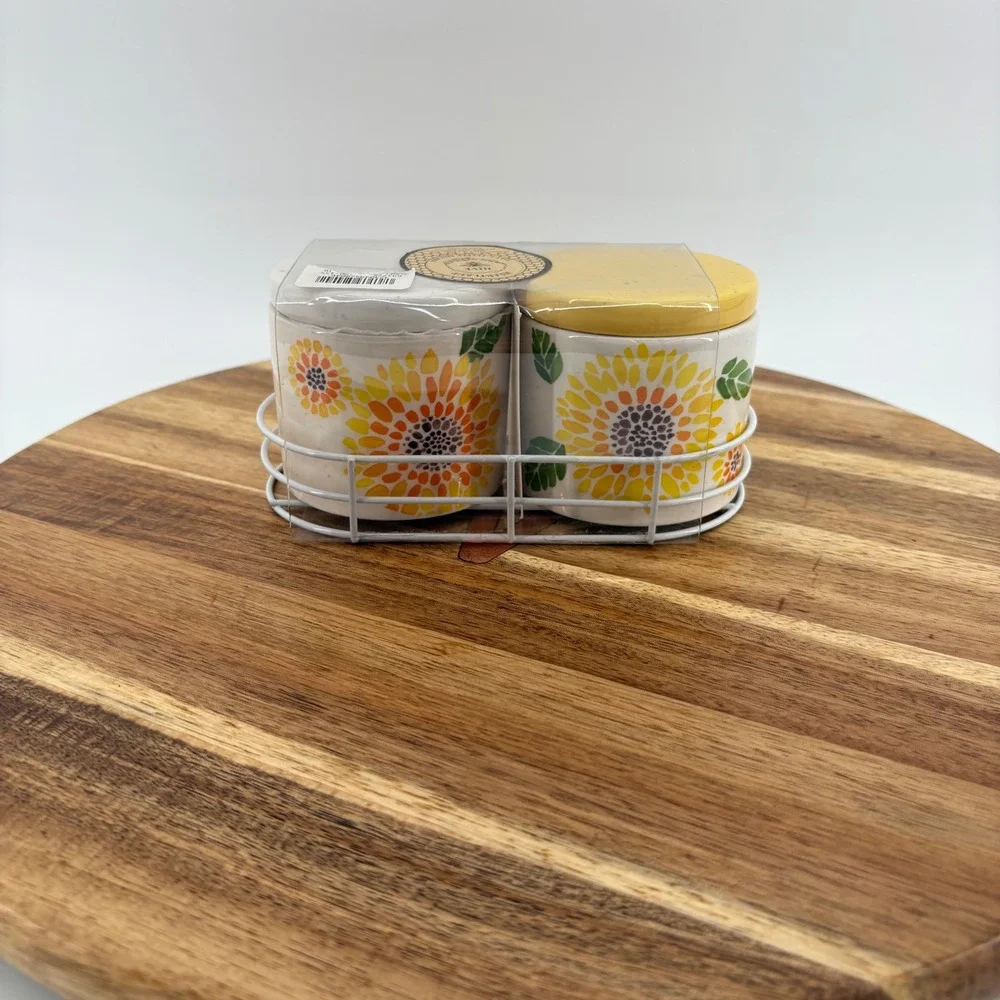 Heartland Hive Sunflower Salt & Pepper Cellars Jars‎ Set Ceramic Metal Holder